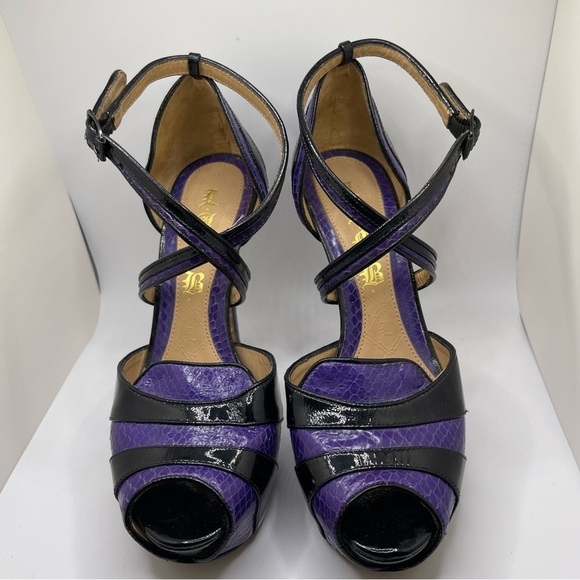 L.A.M.B. Shoes - L.A.M.B. Women’s Black Purple Platform Leather Peep Toe Strappy Heels Size 6